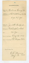 This card has information about the marriage of Harry M. Hallock, who was married to Jannette Halford at Fort Logan, Colorado, on August 26, 1897.
