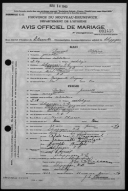 Marriage certificate of Alderic Roussel & Jeannette Bulger. Shippegan, Gloucester, New Brunswick, Canada. 1949.