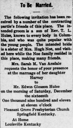 Wedding announcement of Sarah M. Van Arsdale and Edwin Gleason Hulse.