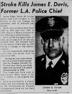 Obituary along with picture ofJames Edgar Davis in Mirror News of Los Angeles, California on 21 June 1949. Picture is in full uniform including service cap and badge.