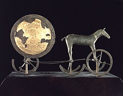 The Trundholm sun chariot, a funerary ornament produced in Denmark around 1500 BCE and discovered in a Danish bog in 1902