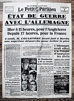 Frontpage French newspaper "Le Petit Parisien" September 4 1939