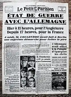 Frontpage French newspaper "Le Petit Parisien" September 4 1939