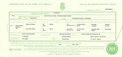 Copy of marriage certificate of Helen Millar Nelson, and Andrzej Stanisław Tadeusz Grodyński. The wedding took place in the Church of the Holy Spirit, in Nightingale Square, Balham, London, on 22 December 1951 with Dilys Mary Williams as ‘bridesmaid’ and Wacław Fiedler as ‘best man’.