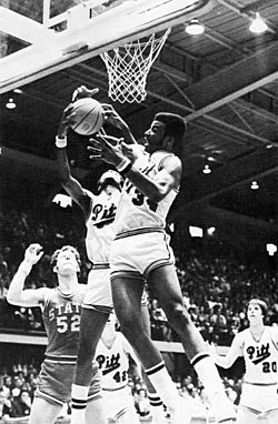Billy Knight (#34) goes for a rebound against NC State in the 1974 Elite Eight. The Owl, 1974 student yearbook of the University of Pittsburgh, pg. 165.