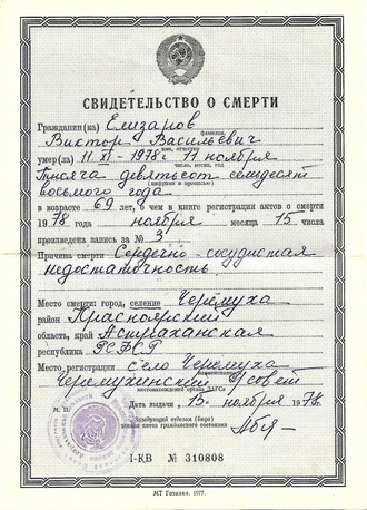 Death certificate. USSR