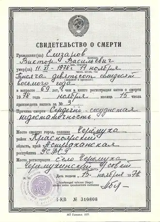 Death certificate. USSR