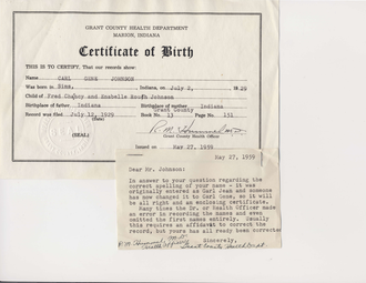 Carl Jean Johnson birth certificate