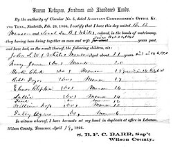 Manson marriage certificate Bureau of Refugees, Freedmen, and Abandoned Lands, 1866