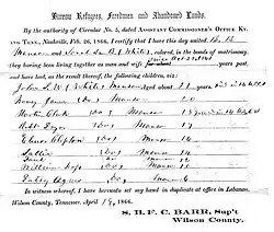 Manson marriage certificate Bureau of Refugees, Freedmen, and Abandoned Lands, 1866