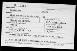 Naturalization record for Klara Gustavson. Chicago, 1927.