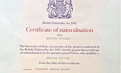 UK naturalization certificate