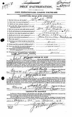 Joseph Keable's Canadian Expeditionnary Force Enlistment Document dated 20 March 1916.
