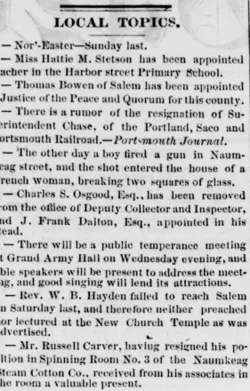 Salem Gazette Salem Massachusetts April 15, 1873 p2 col3 Local Topics