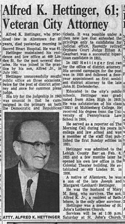 1962 - Alfred K Hettinger - Obit - 16 Aug - Allentown PA