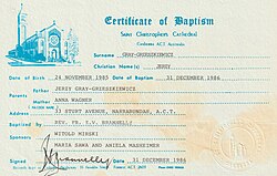 Baptism Certificate of Jerzy Gray-Grzeszkiewicz