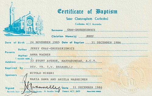 Australian Baptism Certificate of Jerzy Gray-Grzeszkiewicz