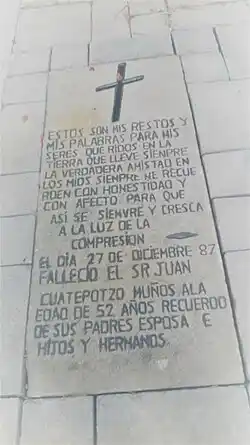 Tombstone of Juan Cuatepotzo Muñoz. Tlaxcala, Mexico, 1987.