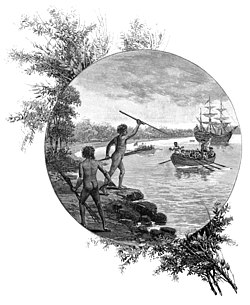 Two indigenous Australians stand on shore with spears as Lieutenant James Cook's landing party approaches by boat.