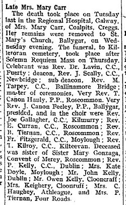 Mary Kelly Funeral Notice in Galway