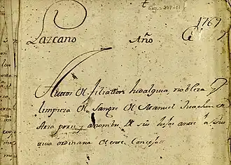 Extract of document certifying the nobility of Nobility of Manuel Joaquin de Arza y Urquía.Lazkao, Spain
