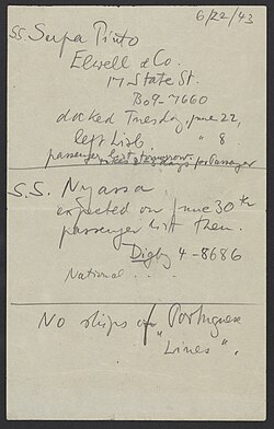 Note indicating the arrival of Max Bredig on the S.S. Nyassa in 1943