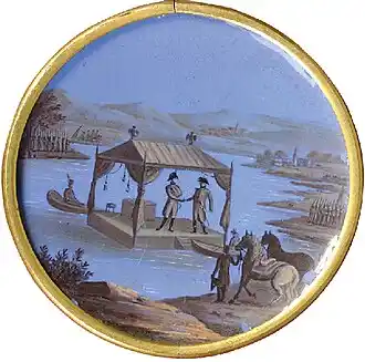 Medallion "Miniature on the Theme of the Peace of Tilsit" France. 1810s Bronze, enamel, painting On one side is an image of Napoleon and Alexander I embracing, on the other is a tent in the middle of the Neman River, where the negotiations took place.